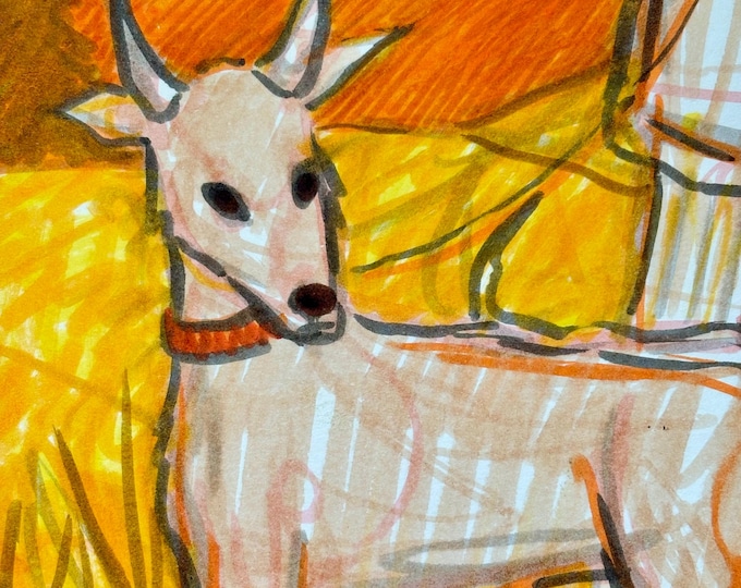 Man walking with strange beasts.