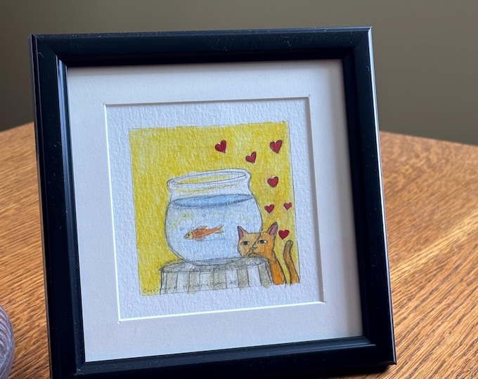 Cat watching fish in bowl. Original drawing.