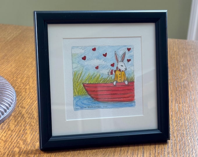 Rabbit drifting in boat. Original drawing.
