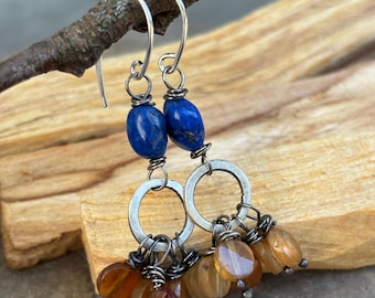 Lapis, hessonite garnet and sterling silver earrings