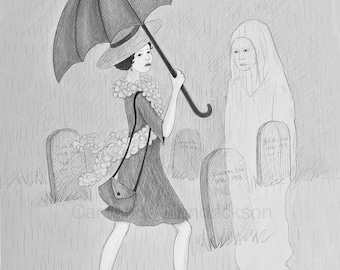 Woman walking in graveyard, unframed limited edition print, signed Giclee art print.