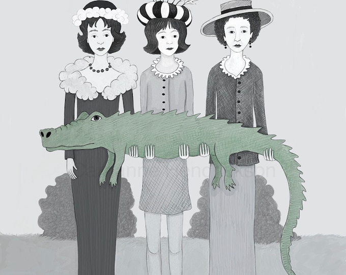 Women holding crocodile, unframed print, signed Giclee art print.