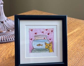 Cat watching fish in bowl. Original drawing.