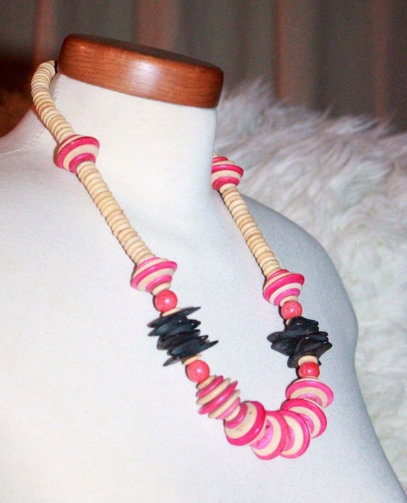 Items similar to Wood Necklace, Pink Black Necklace, Tribal Jewelry ...