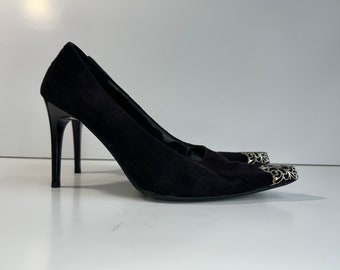 Vintage Women's Black Suede Leather Pointed Metal Toe Italian High Heels SZ EU 38 / US 7M