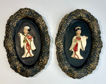 Vintage MCM Chalkware Asian Chinese Man and Woman Wall Hangings Art Figures