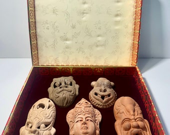 Set Of Six Chinese Miniature Clay Face Masks  - Gift Box Asian Buddha