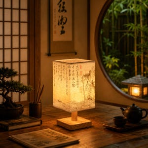 Peut inclure: Une lampe de table carrée avec une base en bois clair et un abat-jour translucide orné d'illustrations de paysages à l'encre noire et de calligraphies traditionnelles. La lampe diffuse une lueur chaude et douce sur la table en bois.