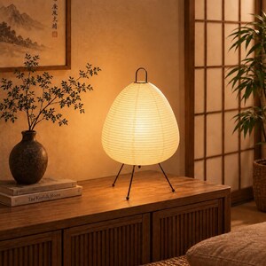 Japanese Akari Table Lamp, Rice Paper Bedside Light, Noguchi Style Lantern, Wabi Sabi Desk Lamp, Japandi Bedroom Living Room Decor