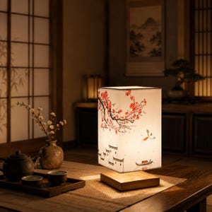 Peut inclure: Une lampe de table rectangulaire avec un abat-jour blanc orné d'une branche de prunier rouge, d'un oiseau en vol et d'une petite barque sur une rivière. La lampe possède une base carrée en bois et diffuse une lueur douce sur la surface.
