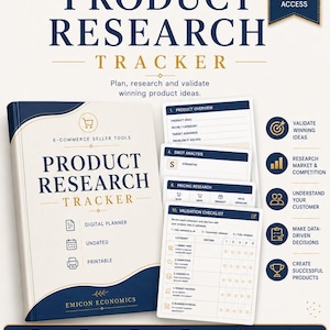 Może przedstawiać: Cyfrowy planer do śledzenia badań produktów z ciemnoniebiesko-białą okładką z napisem Product Research Tracker. Zestaw zawiera wiele stron do druku z sekcjami dotyczącymi przeglądu produktu, analizy SWOT oraz list kontrolnych walidacji.