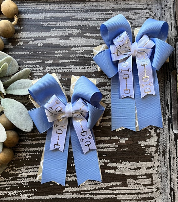 Ready to ship khaki and bluebird blue monogramed equestrian horse show bows Il_570xn
