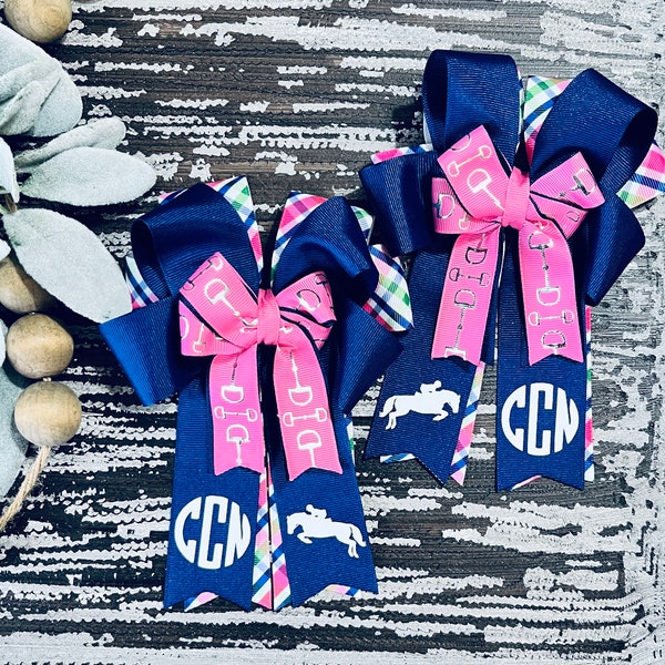 Monogrammed plaid and hot pink equestrian horse show bows