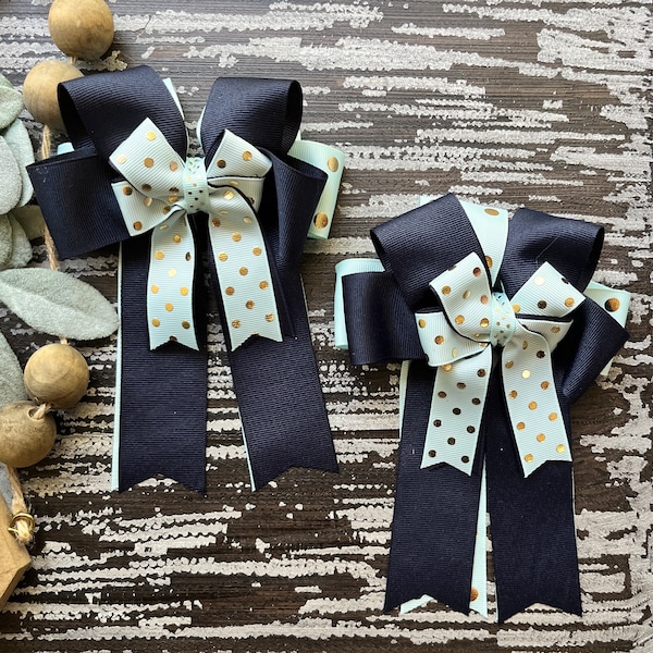 Mineral ice blue, gold and navy monogrammed equestrian horse show bows