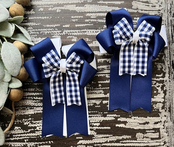 RTS light navy gingham and white equestrian horse show bows Il_570xn