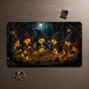 May include: A rectangular desk mat featuring an illustration of six ducklings dressed as wizards in pointed hats, gathered around a glowing crystal ball on a circular table. The scene is set in a dark forest at night with lit candles.