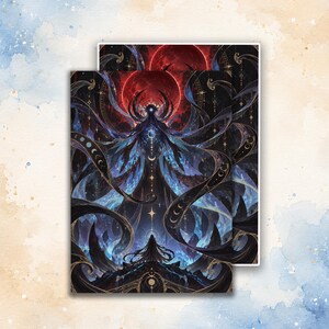 May include: A rectangular art print featuring a dark, ethereal figure with flowing, ribbon-like appendages against a backdrop of a deep red moon and starry cosmic sky. The composition includes intricate gold celestial motifs and lunar phases.