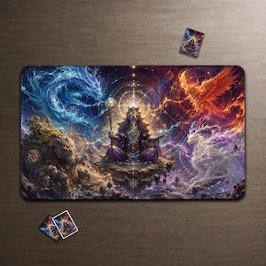 May include: A rectangular playmat featuring a central figure in robes holding a staff, surrounded by a blue dragon, a red phoenix, a white stag, and a stone creature. The artwork includes cosmic patterns and glowing light effects, with three small matching cards.
