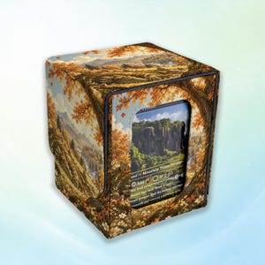 May include: A square deck box featuring a printed autumn landscape with orange and yellow foliage, trees, and mountains. The front panel has a rectangular cutout displaying a trading card with text including Mountain, Plains, and Swamp.