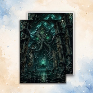 May include: A rectangular art print featuring a dark, gothic architectural scene with a large, multi-eyed, tentacled creature in shades of deep teal, black, and glowing green. The composition depicts a flooded, ruined cathedral interior.