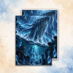 May include: A rectangular art print featuring a large, glowing blue whale swimming above a submerged ancient city with stone pillars and floating crystals. The scene is rendered in deep shades of blue and cyan, depicting a fantasy underwater world.