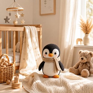 Op de afbeelding: Een gehaakte pinguïn knuffel met een zwarte kop, witte buik, oranje snavel en oranje voeten. De pinguïn draagt een beige sjaal met textuur om de nek. Het speelgoed staat op een crèmekleurige gebreide deken in een lichte, zonnige kamer.