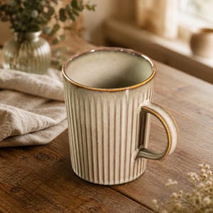 Handmade Ribbed Ceramic Mug, Rustic Coffee Cup, Minimalist Stoneware Tea Mug, Unique Pottery Drinkware, Cozy Kitchen Gift