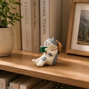 May include: A small, seated cat figurine with cream and grey fur, wearing a red collar and a straw hat on its back. The cat is holding a small, dark green mug with both paws, featuring a simple facial expression with black eyes and whiskers.