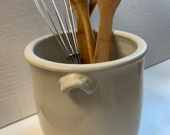 Ceramic utensil holder in a soft white glaze. Made in my Michigan studio