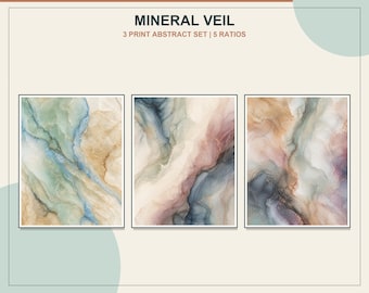 Juego de 3 láminas decorativas con efecto mármol mineral, tríptico imprimible abstracto azul celadón, descarga digital cobre malva.