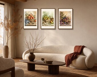 Juego de 3 láminas decorativas vintage con motivos de cosecha en huertos, láminas de frutas rústicas, decoración de cocina estilo granja.