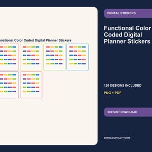 Op de afbeelding: Een set functionele kleurgecodeerde digitale plannerstickers met 120 ontwerpen in PNG- en PDF-formaat. De afbeelding toont meerdere rechthoekige stickervellen met diverse gekleurde labels en de tekst Functional Color Coded Digital Planner Stickers.