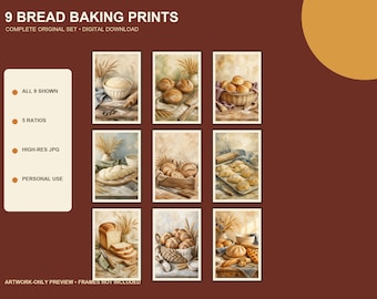 Lote de 9 láminas vintage para pared con motivos de panadería, cocina rústica y decoración campestre.