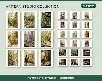 Paquete de 27 láminas para pared de galería de estudio artesanal, arte imprimible de tejido de cerámica de invernadero