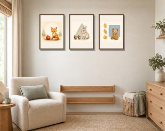 Juego de 3 láminas decorativas para la pared de la habitación infantil con temática de bosque, para aprender a contar animales y formas.