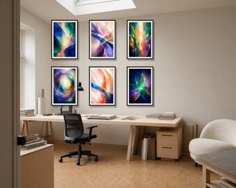 Conjunto de 6 láminas de arte abstracto prismático para pared, láminas luminosas translúcidas en tonos joya, conjunto de galería zafiro esmeralda.