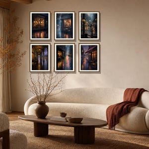 Set of 6 Rainy Cafe Window Prints, Moody Amber Navy Reflection Art (Digital Download)