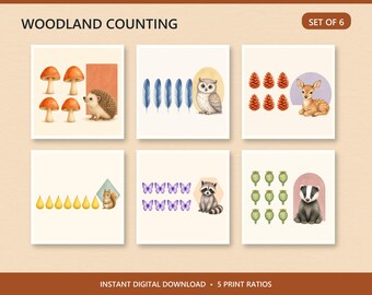 Juego de 6 láminas infantiles con motivos de bosque, figuras de animales para contar y decoración de pared para la sala de juegos.