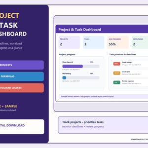 Project and Task Dashboard Spreadsheet, Excel Workload Tracker, 6 Sheet Project Planner