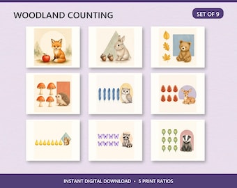 Juego de 9 láminas decorativas para la pared de la habitación infantil con temática de bosque: animales para contar y formas.