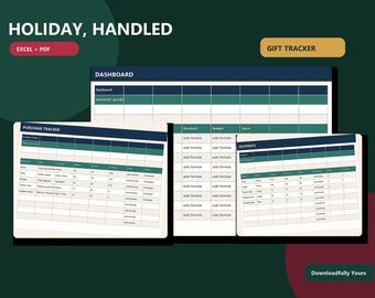 Planificador de regalos navideños en formato de hoja de cálculo, seguimiento del presupuesto navideño, panel de control de la lista de regalos, centro de mando navideño en Excel.