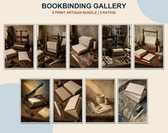 Juego de 9 láminas decorativas vintage para pared con temática de encuadernación, ideales para estudios de encuadernación y talleres artesanales.
