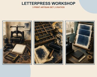 Juego de 3 láminas decorativas de estilo vintage impresas en tipografía, ideales para la decoración de estudios de grabado o talleres artesanales.
