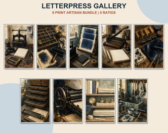 Juego de 9 láminas decorativas vintage para pared, ideales para estudios de grabado o talleres artesanales.