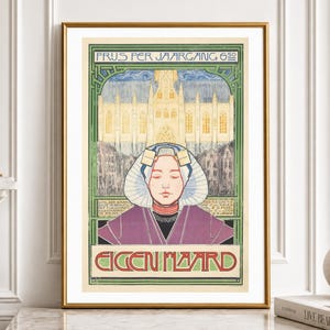 May include: A framed art print featuring a stylized illustration of a person wearing a white headpiece and purple garment. Behind them is a yellow cathedral building. The text reads PRYS PER JAARGANG 6.50 and EIGEN HAARD in a green border.