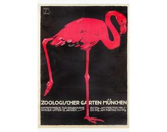 Munich Zoo Flamingo - Ludwig Hohlwein Vintage Poster, Art Deco Bird Wall Art, Zoologischer Garten Advertising Print