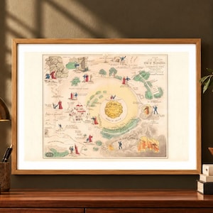 May include: A framed vintage-style map titled Plan of the Road from the City of Destruction to the Celestial City. The illustration features circular paths, small figures in colorful clothing, green trees, and text labels on a cream background.