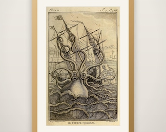 The Colossal Octopus - Vintage Natural History Print, Giant Octopus Kraken Art, Antique Sea Monster Illustration, Nautical Wall Art