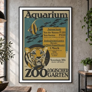 Vintage Zoo Tiger Poster - Antik Zoologischer Garten Akvarium Reklamtryck, Tiger Stor Katt Väggkonst