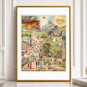 May include: A framed vintage-style allegorical print depicting a complex landscape with a central path, numerous figures, buildings, a rainbow, and an all-seeing eye symbol at the top. The scene includes a fiery horizon, a welcome arch, and text.